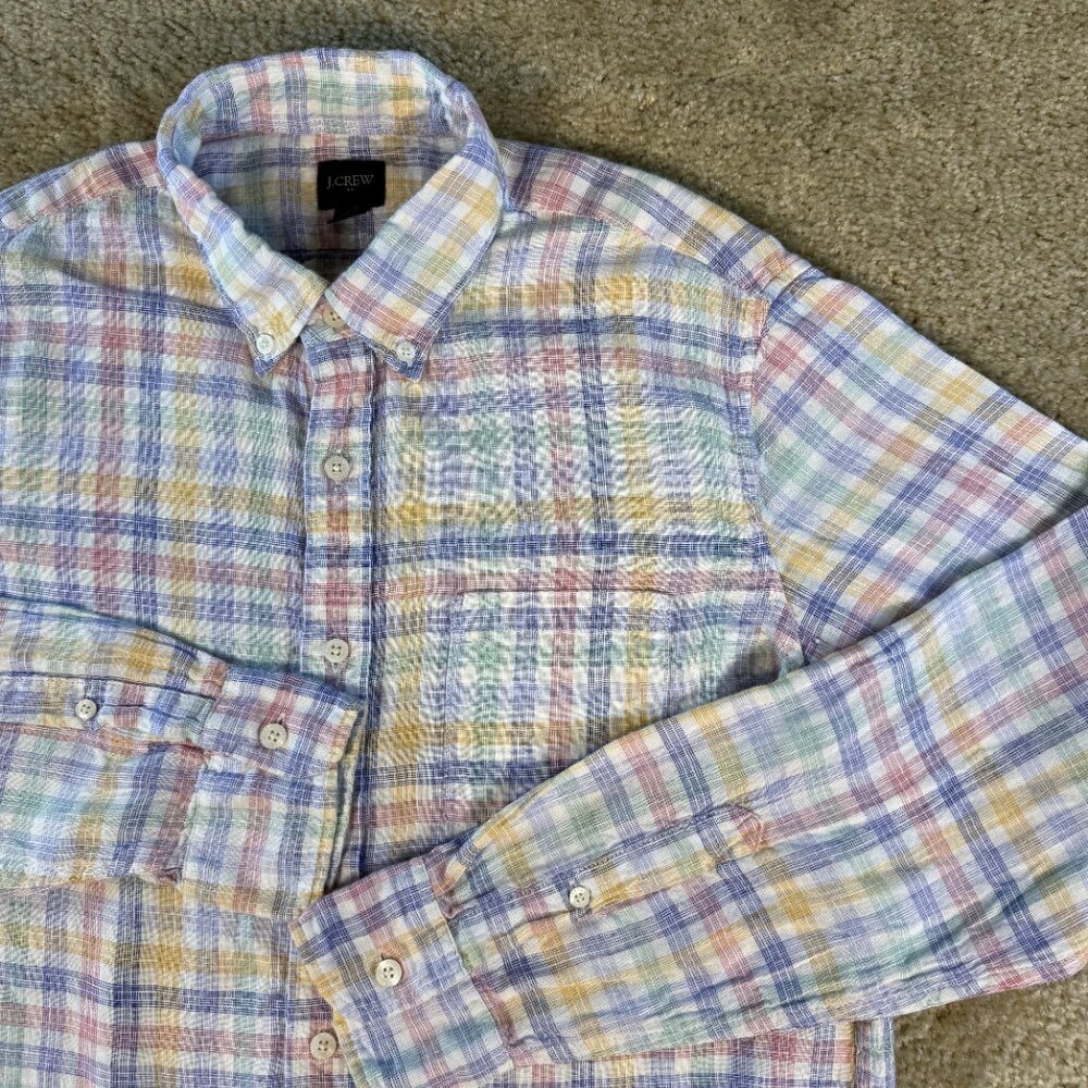 J Crew Mens Size Medium Linen Long Sleeve Button Up Shirt Plaid Check F663